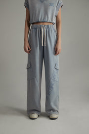 Elastic Waist Casual Diagonal Pocket Wide Leg Pants