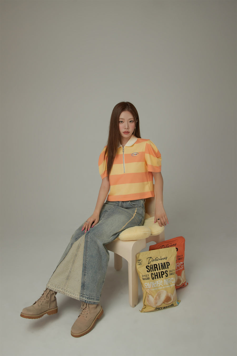 CHUU Half Zip-Up Color Stripe Collar Top