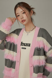 V-Neck Color Combination Stripe Knit Cardigan