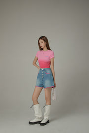 Gradient Round Neck Slim Short-Sleeved Cropped T-Shirt