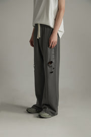 Banded Wide Leg Distressed Slit Pants