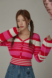 Button Stripe Color Knit Sweater