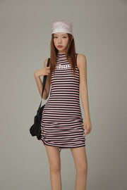 Striped Shirring Sleeveless Dress