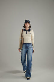 Polo Neck Color Combination Knit Top