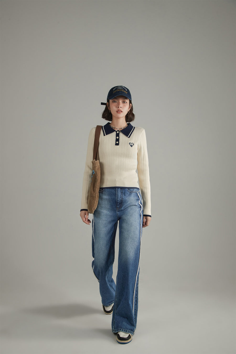 CHUU Polo Neck Color Combination Knit Top