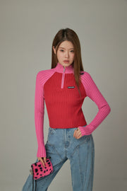 Half Zip-Up Color Knit Sweater