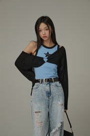 Chuu Star Center Line-Colored Sleeveless Semi Crop T-Shirt