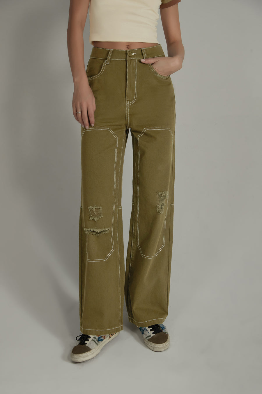 CHUU Distressed Ripped Outlined Cotton Wide Pants