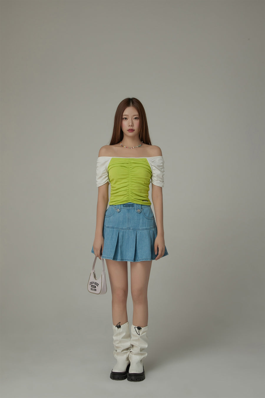 CHUU Denim Pleated Zipper Mini Skirt