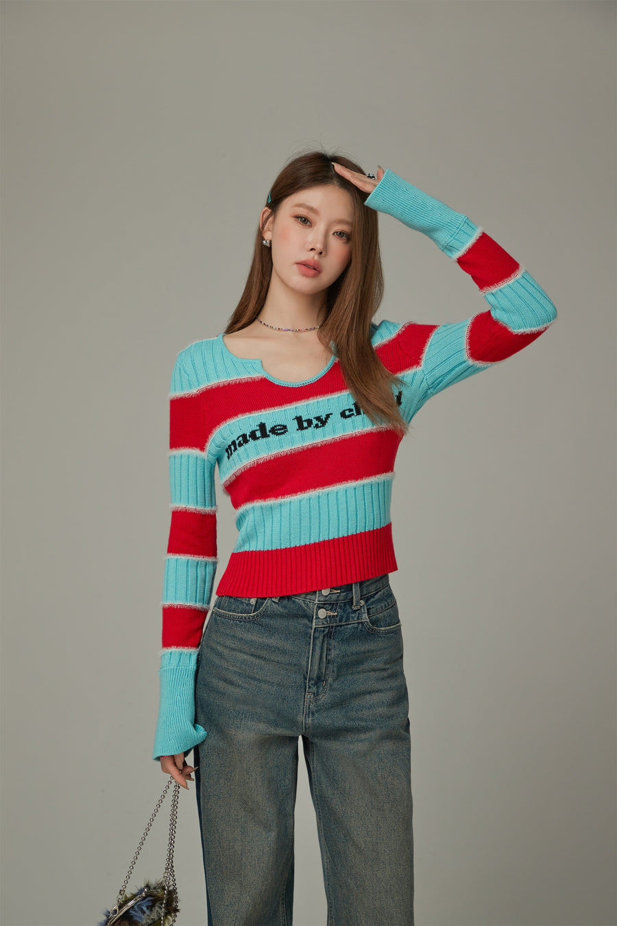 CHUU Logo Color Stripe Knit Sweater