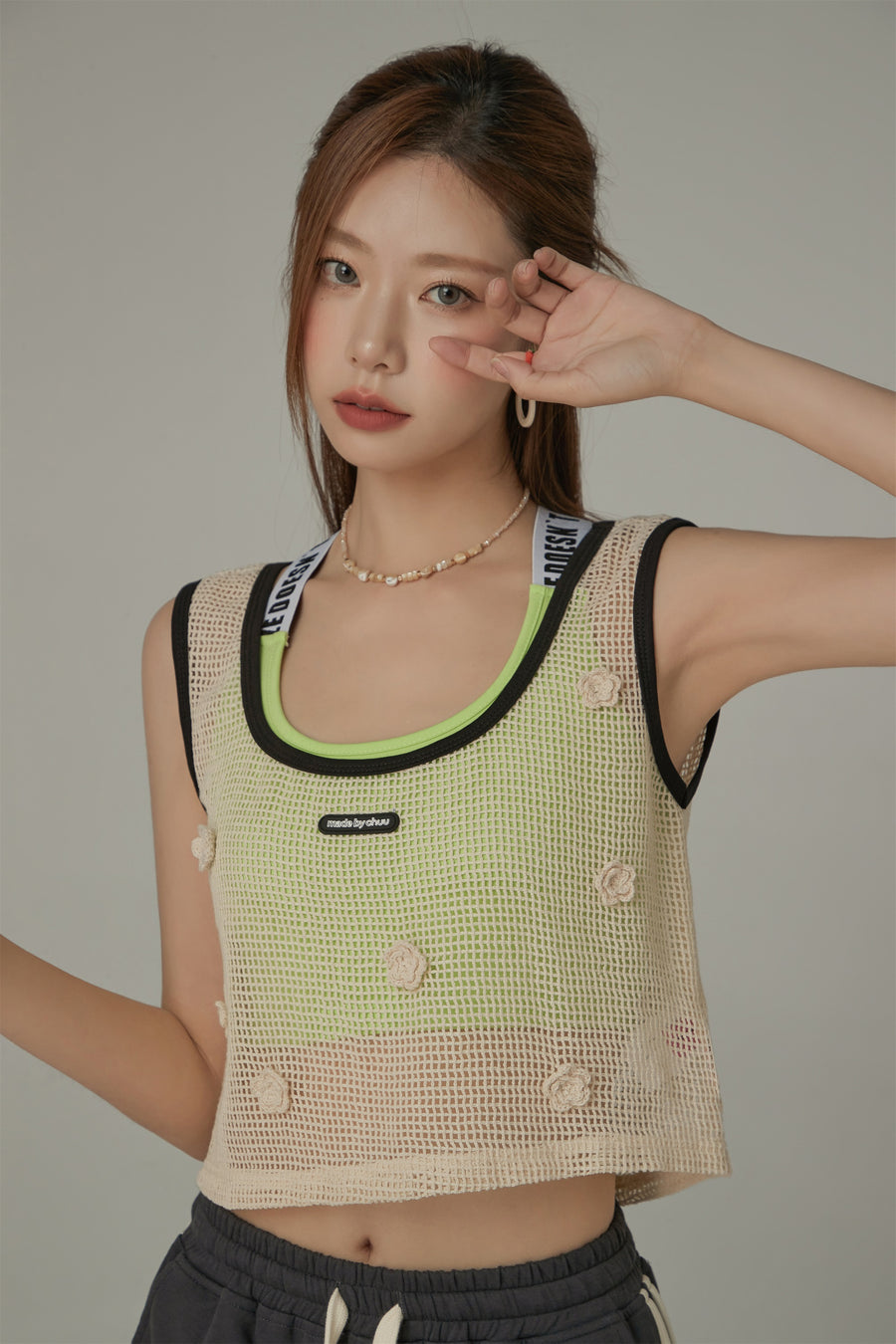 CHUU Crochet Mesh Colorblocked Crop Top