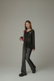 Heart Button Unbalanced Side Slit Knit Top