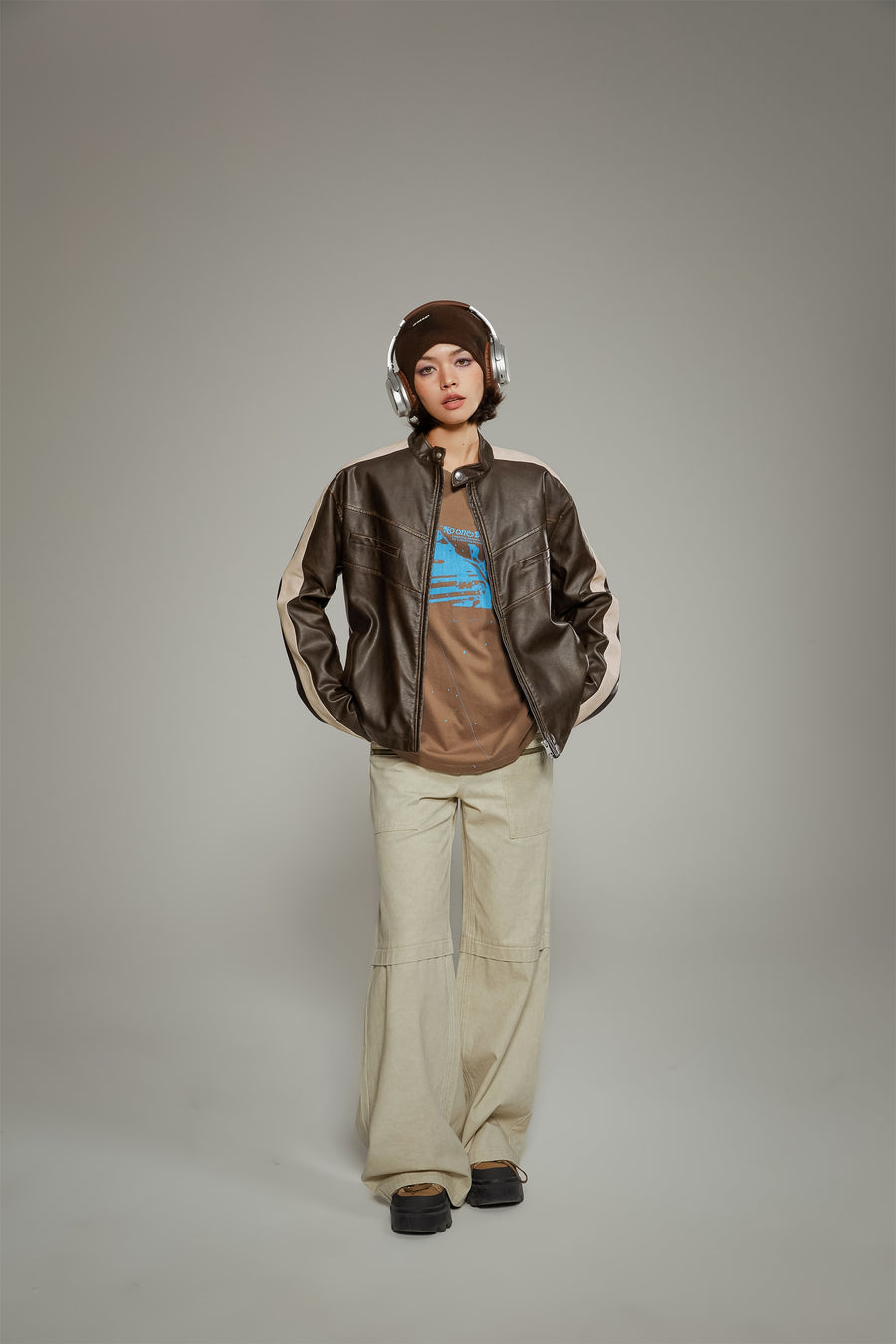 CHUU Color Combination Biker Leather Jacket