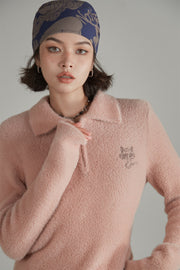 Mushroom Half Zip-Up Knit Sweater