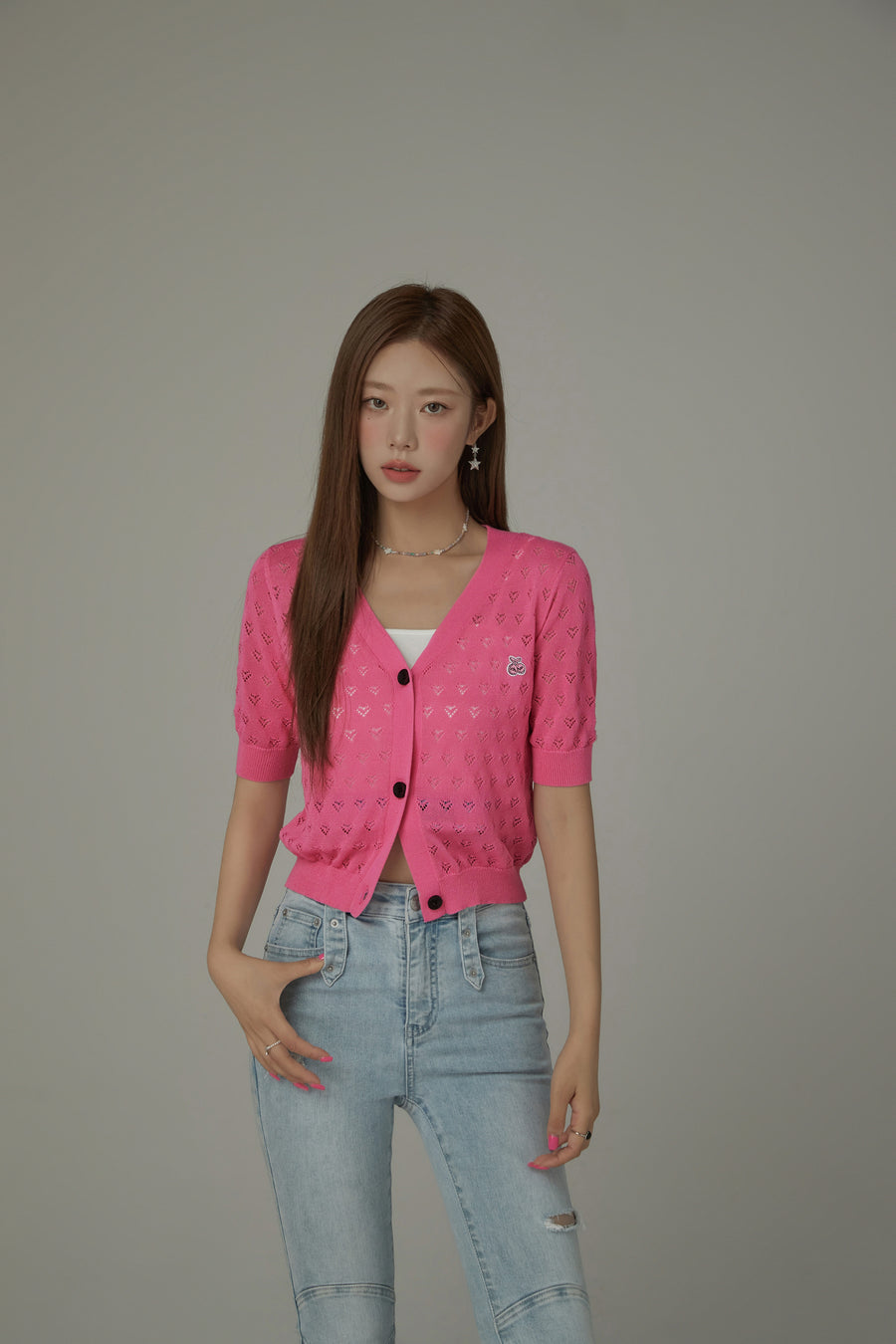 CHUU Heart Eyelet Short Sleeves Knit Cardigan