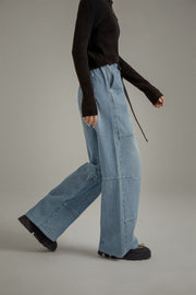 Elastic Waist Washed Wide Denim Jeans