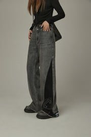 Cut Patchwork Hem Two Toned Denim Jeans