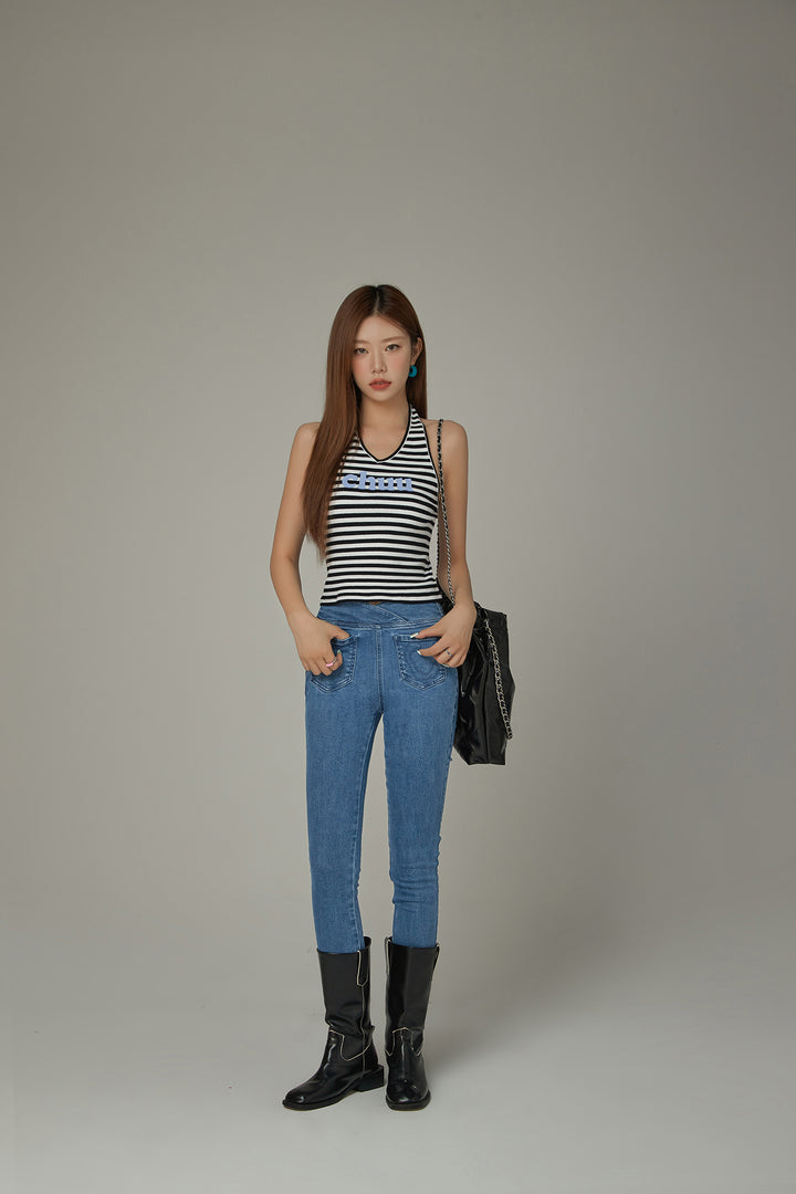 Logo Halter Neck Color Stripe Sleeveless Top