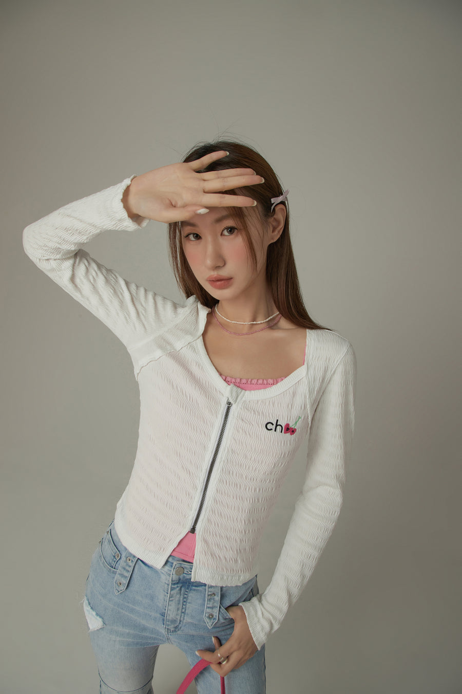 CHUU Cherry Embroidered Logo Zip-Up Top