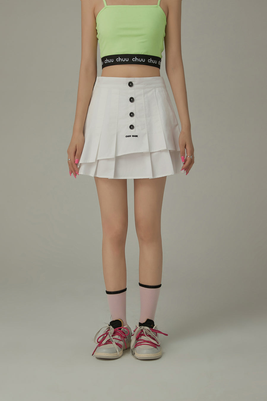 CHUU High Waisted Button Pleated Mini Skirt