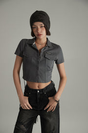 Colored Pocket Cropped Button Shirt