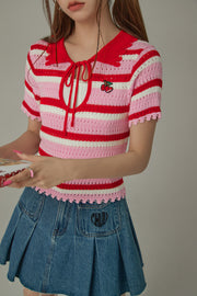 Stripe Ribbon Keyhole Knit Top