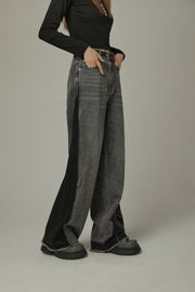 Cut Patchwork Hem Two Toned Denim Jeans