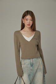 Color V-Neck Layered Knit Sweater