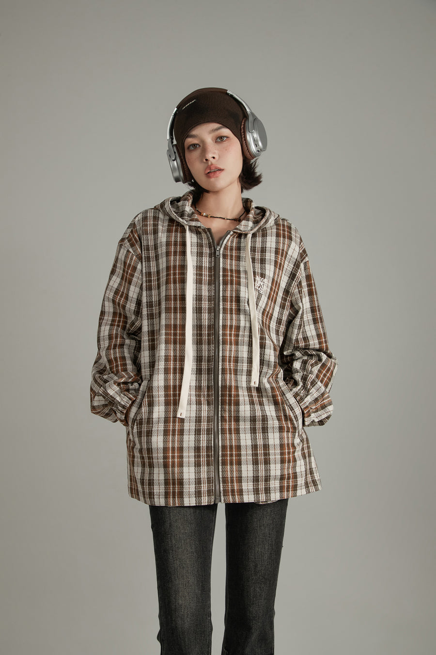 CHUU Checked Hooded String Shirt