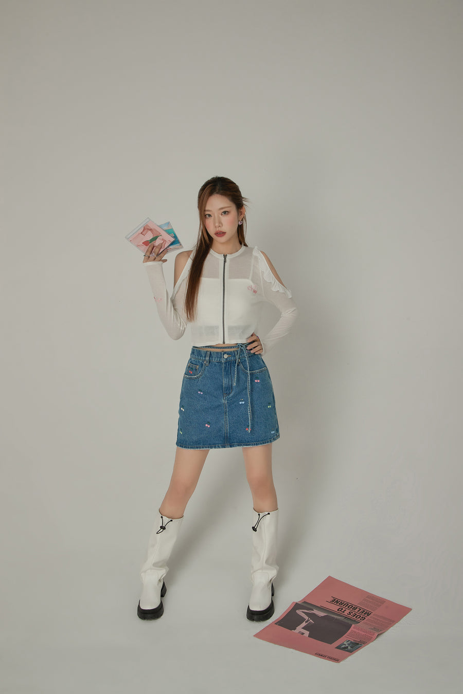 CHUU Multi Color Cherry Ribbon Tie Denim Mini Skirt