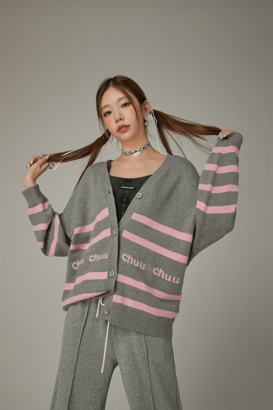 CHUU Lettering Striped Knit Cardigan