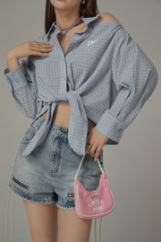 One-Shoulder Cut Out Check Tie-Up Shirt