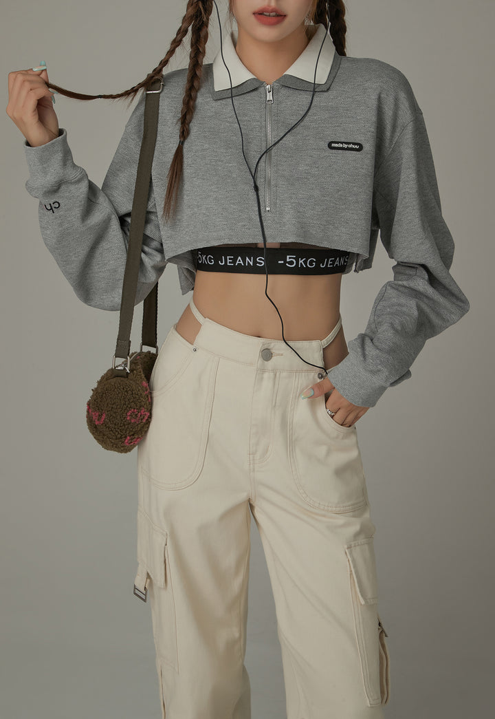 Color Matching Collar Crop Sweatshirt