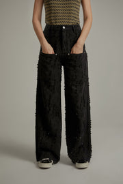 Frayed Ball Pattern Wide Denim Jeans