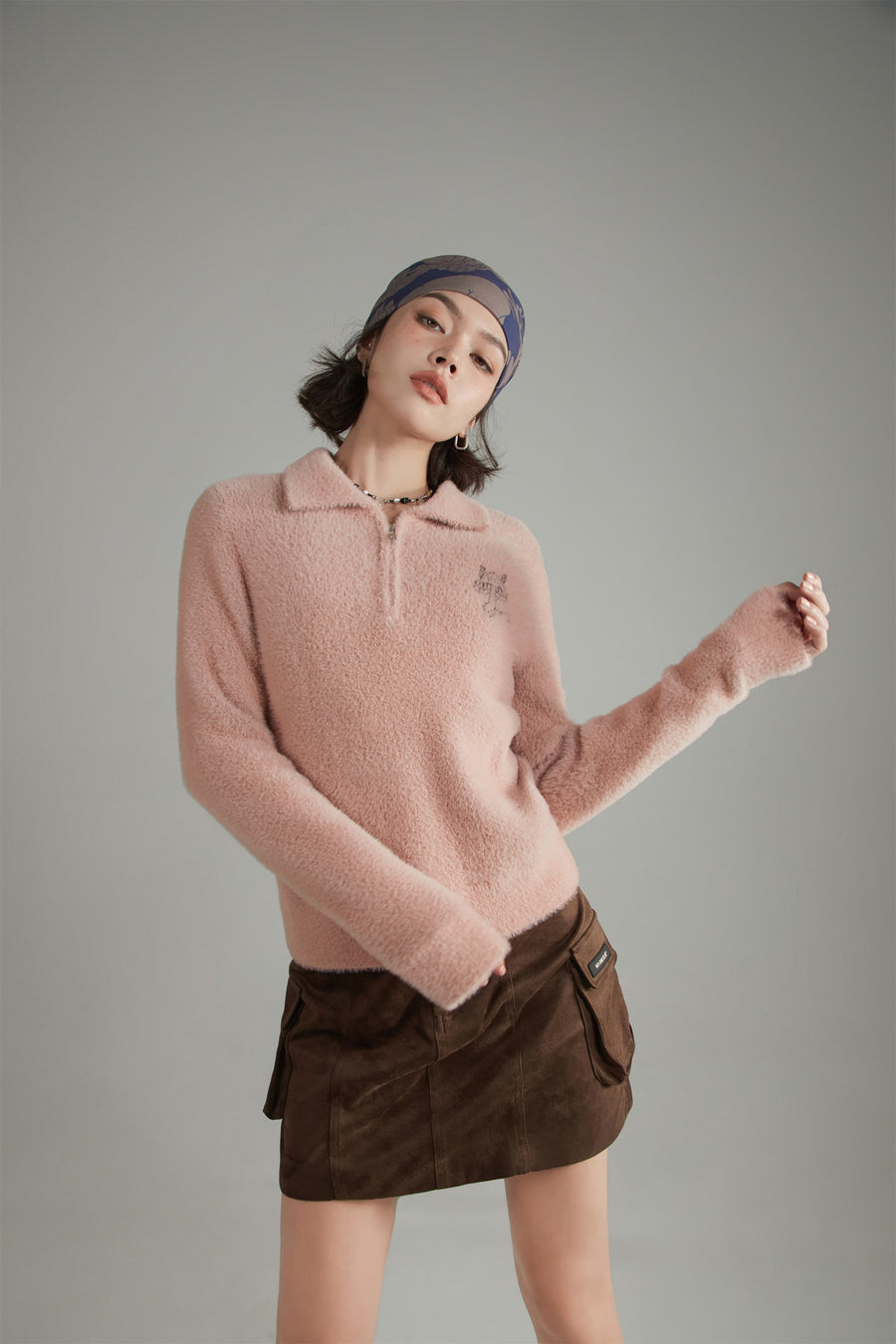 CHUU Mushroom Half Zip-Up Knit Sweater