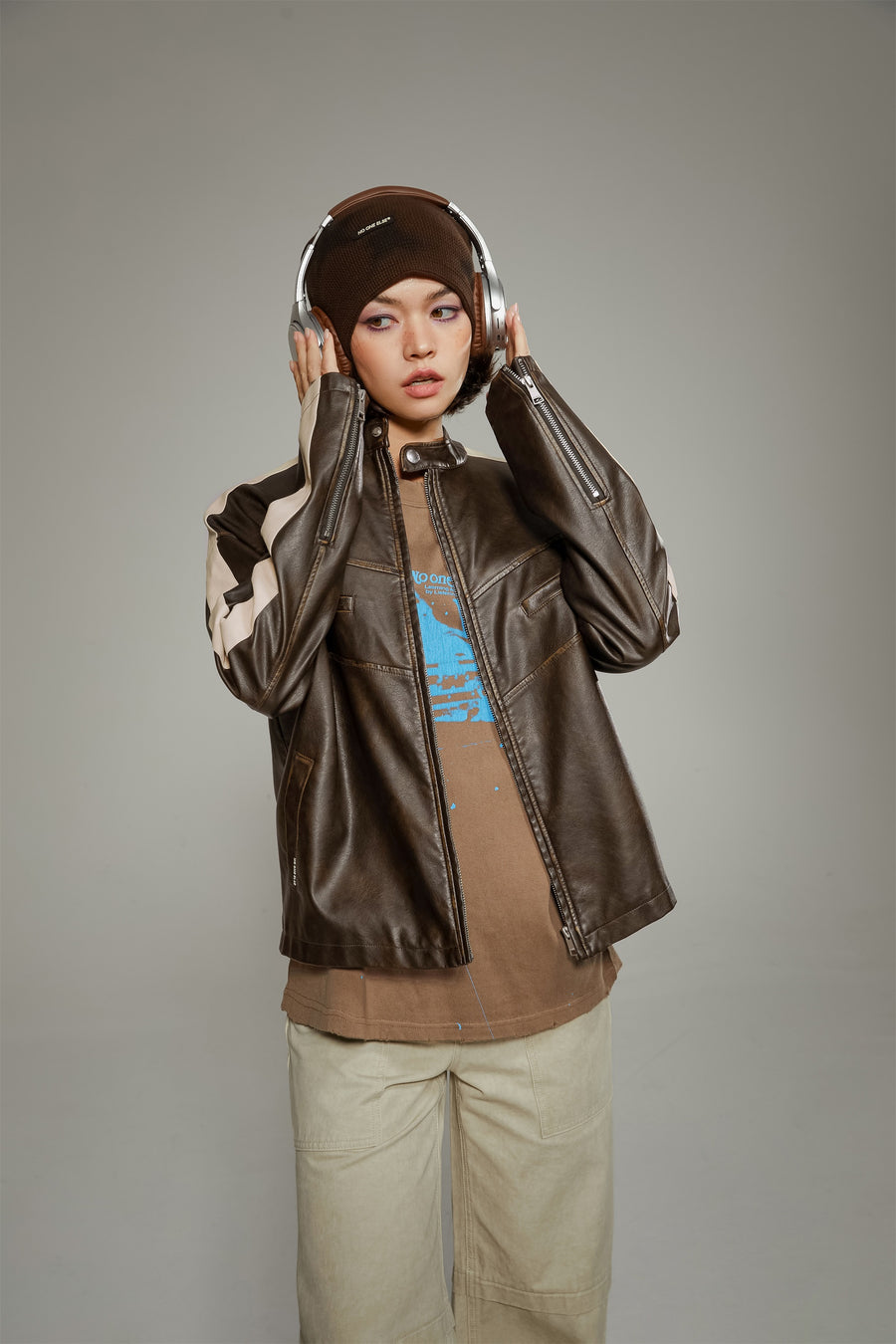 CHUU Color Combination Biker Leather Jacket