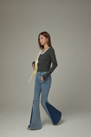 Criss Cross Belt Two Toned Bootcut Denim Pants