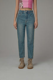 Frayed Line Straight Denim Jeans