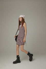 Striped Shirring Sleeveless Dress