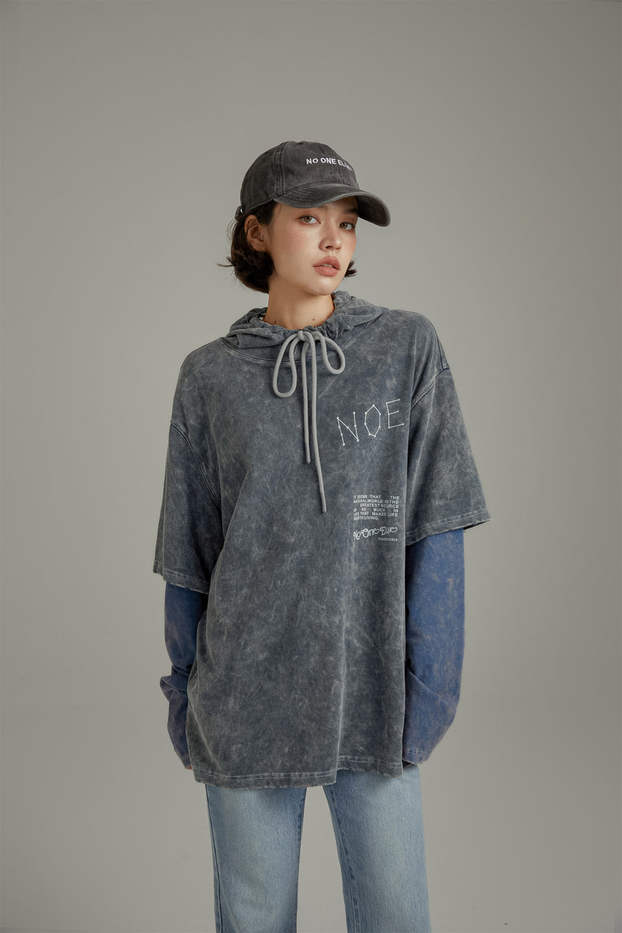 CHUU Print Logo Short Sleeve String Hoodie