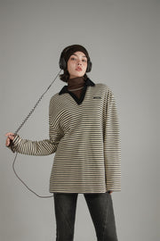 Open Collar Stripe T-Shirt