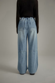 Elastic Waist Washed Wide Denim Jeans