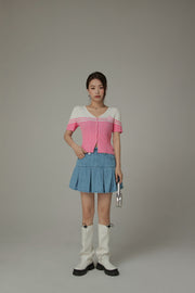 Ribbed Color Blocked Button Short Sleeve Cardigan