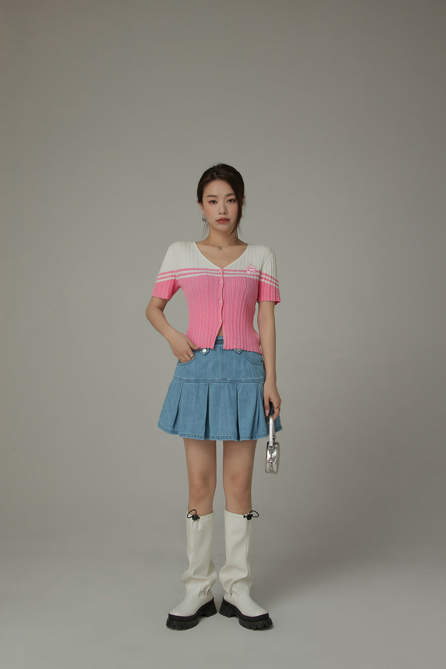 CHUU Ribbed Color Blocked Button Short Sleeve Cardigan