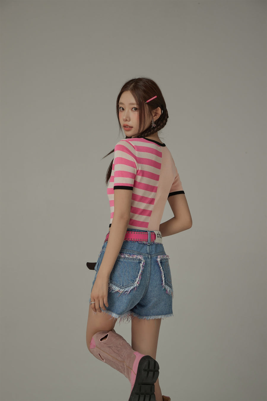 CHUU Chuu Lettering Half Striped Colorblocked Knit Crop Top