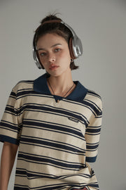 Retro Collar Stripe Short Sleeve T-Shirt