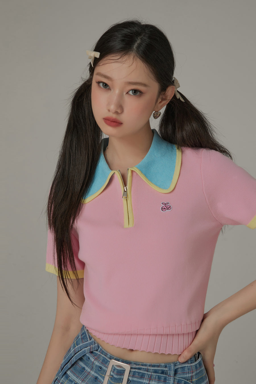 CHUU Color Contrast Half Zip Up Color Knit Top