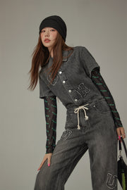 String Embroidered Denim Jumpsuit