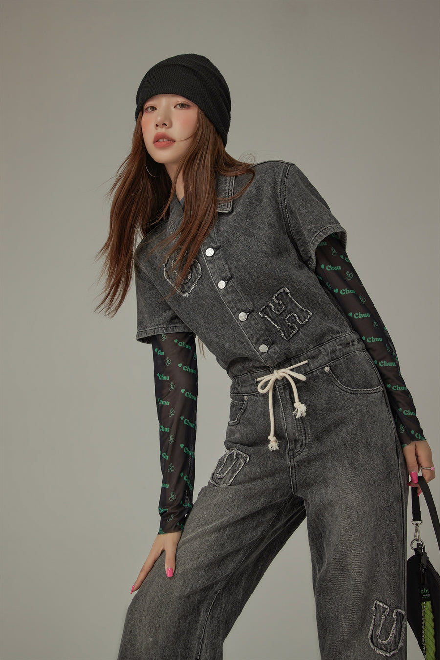 CHUU String Embroidered Denim Jumpsuit