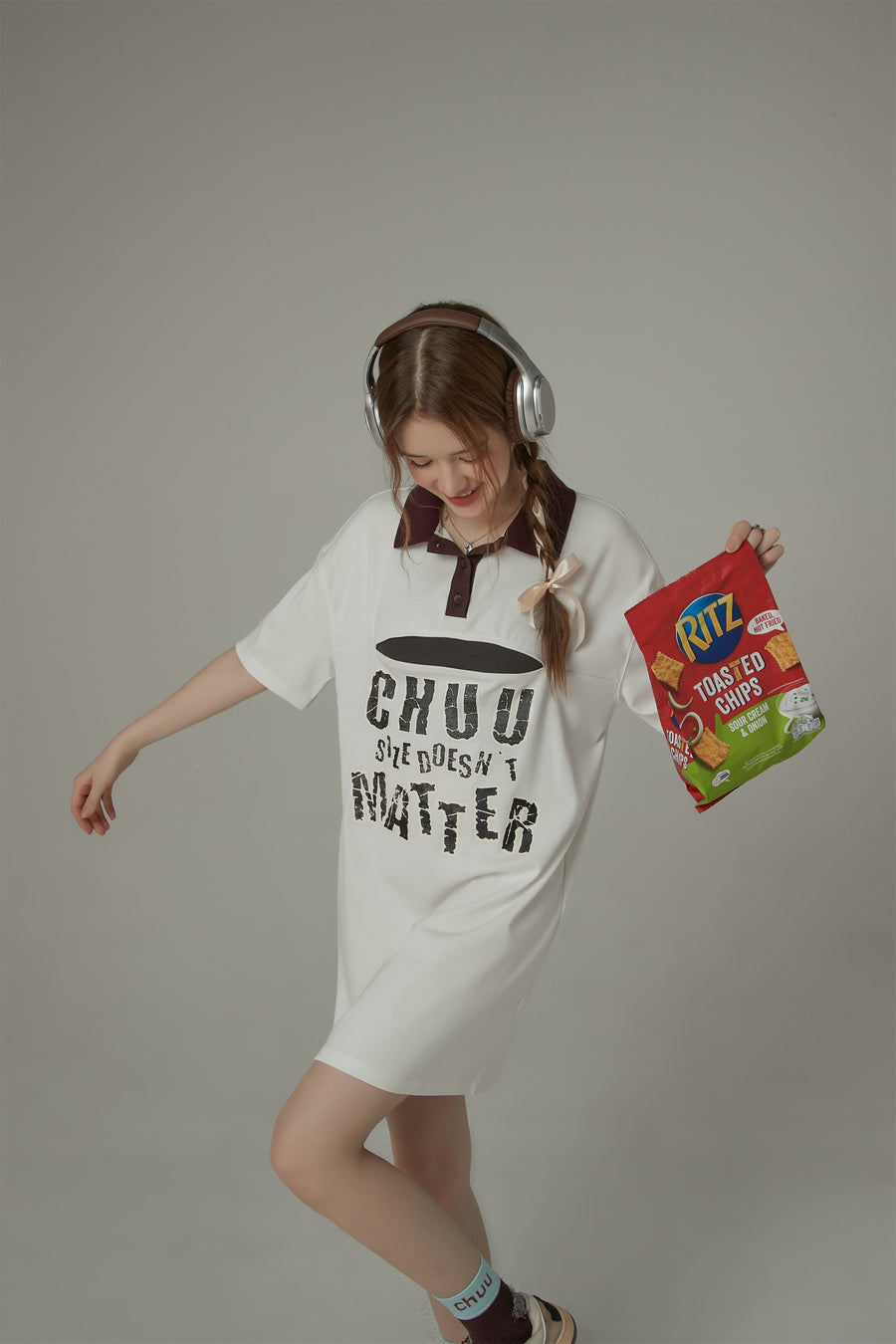 CHUU Chuu Size Doesnt Matter Front Cut Out Polo Neck T-Shirt Dress